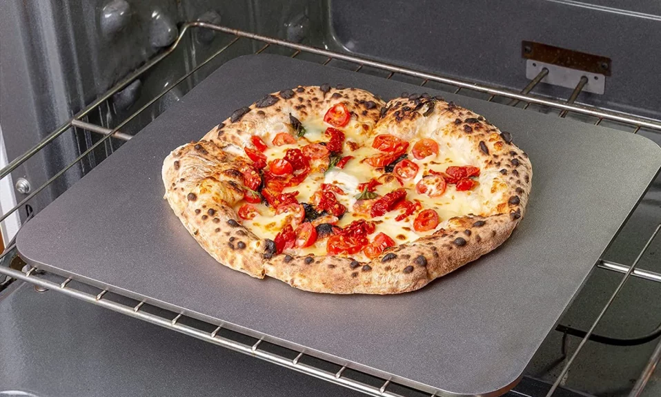 Pizza steel on oven shelf
