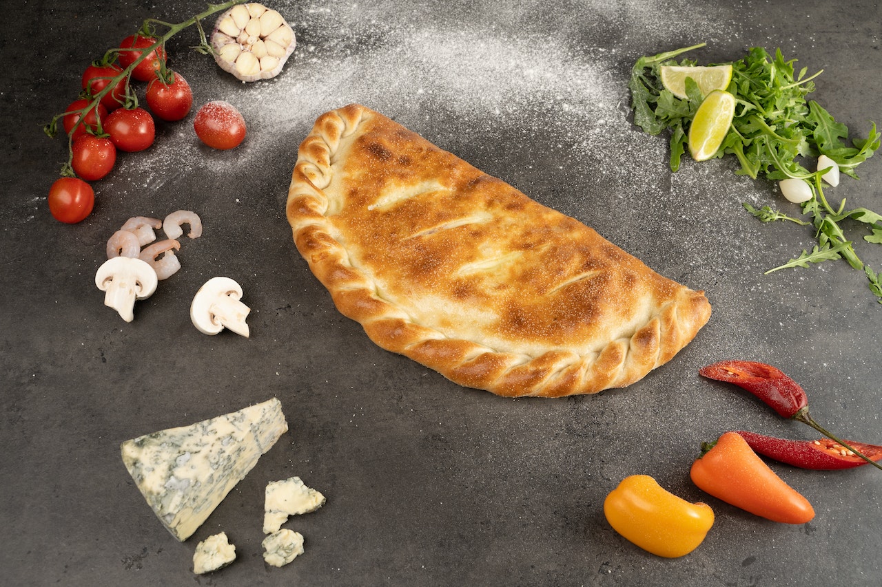 Calzone pizza and ingredients