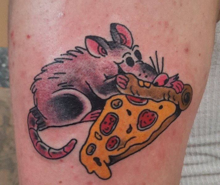 Rat eats pizza tattoo